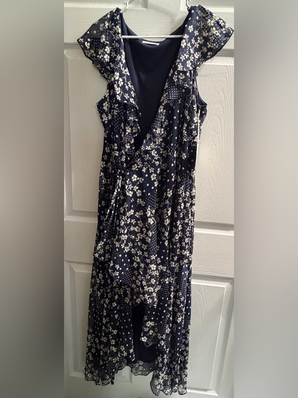 Woman’s Navy Floral Wrap Dress with Ruffle Trim